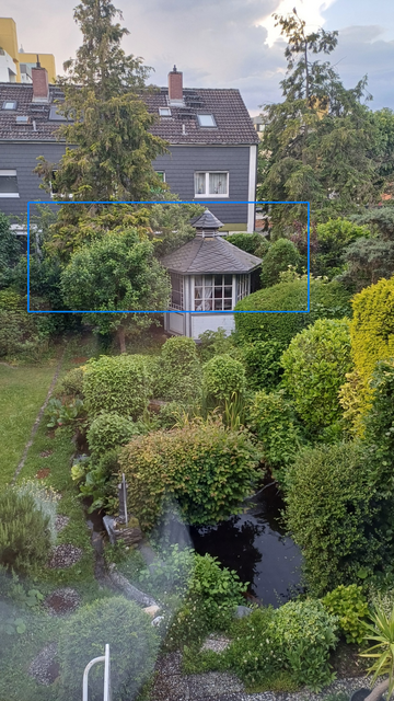 Area in the blue triangle, behind the pavilion, was the entire focus of today's massive  gardening effort. The rest of the garden still needs pruning, but that won't happen this weekend! Or this week, for that matter.