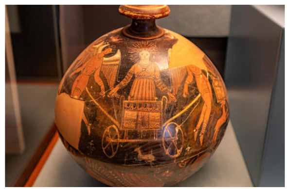 Red-figure vase painting of Helios whose sunwagon is not pulled by horses but by two Erotes. An animal crouches beneath the wagon, possibly a hare, a lover's gift.