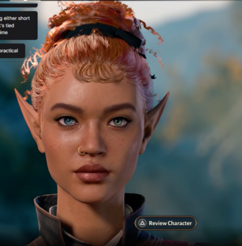 A half-wood elf woman with light brown skin, one bright blue eye and one light green one, curly reddish brown hair pulled back in a bun, with a simple nose ring. 