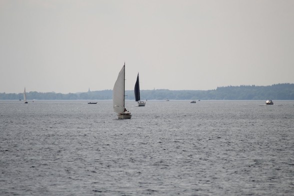Ein großer See mit bewaldetem Ufer auf der anderen Seite. Auf der Oberfläche mehrere Boote, mit und ohne Segel.