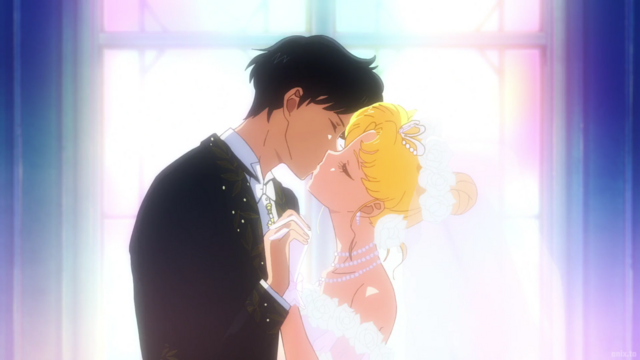 Mamoru and Usagi getting married from the anime movie Pretty Guardian Sailor Moon Cosmos the Movie Part 2.