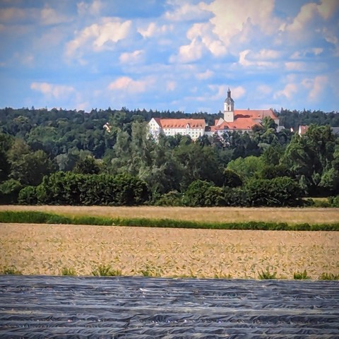Blick von Süden über das Paartal auf den Markt Hohenwart👆
Im Vordergrund ein Spargelfeld.