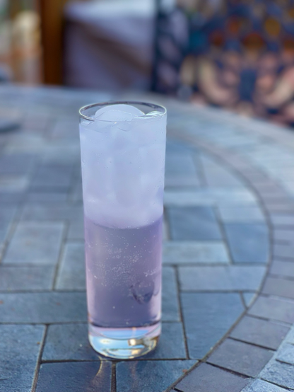 A highball glass sits on a stone table filled with a gin and tonic.
