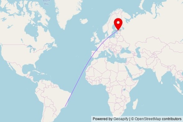 A map showing the great circle route from Teresópolis in Brazil to a map pin at Church of the Icon of the Mother of God "Quick to Hearken" in Tallinn, Narva mnt 8, 13915 Tallinn, Estonia