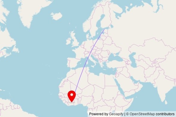A map showing the great circle route from Tallinn in Estonia to a map pin at Mosquée de La Casse Ferraille, Rue d'Addis-Abeba, Bouaké, Côte d'Ivoire