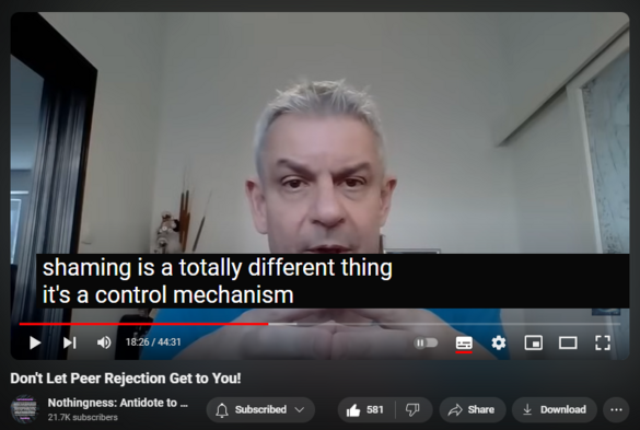 https://www.youtube.com/watch?v=ygD2aohZL3w
Don't Let Peer Rejection Get to You!

7,525 views  22 May 2024  Nothingness and Mental Health
Pathoetiology via peers mainly in adolescence 

Idiosyncrasies (e.g. autism, obesity, gender dysphoria, gifted) lead to peer rejection. 

Stunted separation-individuation leads to peer rejection and life-threatening shame.

Cognitive dissonance resolved: I am rejecting them because I am superior to them. I am a sage, a hero, a victim. 

Peers provide reality testing and scripts. They serve as a modeling reference group. Mutual rejection results in cluelessness, pseudo-stupidity, automatism, and compensatory fantasy (including imaginary peers, for example on social media or VR). 

Splitting defense (peers are all bad, I am perfect)

Fantasy defense

Dissociation

Displaced passive-aggression

In short: covert narcissism 

Conflicting parental messaging and modeling: the world is not safe, we need you, you owe us (conformity) vs. you are abnormal, what is wrong with you, start to act your age and make friends (normalcy). 

This leads to recurrent failure and an impaired sense of self-efficacy.

Narcissists misperceive their intimate partners as maternal figures and rejecting and retraumatizing peers (reenactment, akin to living history). 

This yields age-inappropriate behavior and triggers all the defenses. It helps the narcissist to devalue and separate.