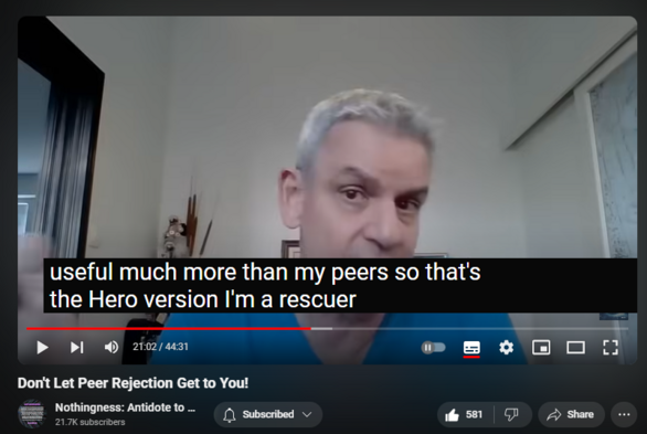 https://www.youtube.com/watch?v=ygD2aohZL3w
Don't Let Peer Rejection Get to You!
7,525 views  22 May 2024  Nothingness and Mental Health
Pathoetiology via peers mainly in adolescence 

Idiosyncrasies (e.g. autism, obesity, gender dysphoria, gifted) lead to peer rejection. 

Stunted separation-individuation leads to peer rejection and life-threatening shame.

Cognitive dissonance resolved: I am rejecting them because I am superior to them. I am a sage, a hero, a victim. 

Peers provide reality testing and scripts. They serve as a modeling reference group. Mutual rejection results in cluelessness, pseudo-stupidity, automatism, and compensatory fantasy (including imaginary peers, for example on social media or VR). 

Splitting defense (peers are all bad, I am perfect)

Fantasy defense

Dissociation

Displaced passive-aggression

In short: covert narcissism 

Conflicting parental messaging and modeling: the world is not safe, we need you, you owe us (conformity) vs. you are abnormal, what is wrong with you, start to act your age and make friends (normalcy). 

This leads to recurrent failure and an impaired sense of self-efficacy.

Narcissists misperceive their intimate partners as maternal figures and rejecting and retraumatizing peers (reenactment, akin to living history). 

This yields age-inappropriate behavior and triggers all the defenses. It helps the narcissist to devalue and separate.