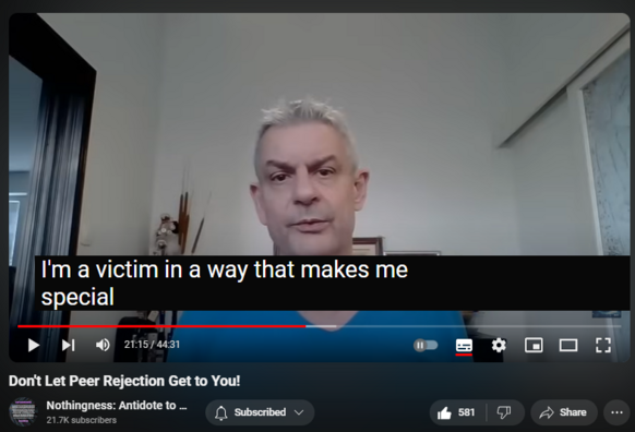 https://www.youtube.com/watch?v=ygD2aohZL3w
Don't Let Peer Rejection Get to You!

7,525 views  22 May 2024  Nothingness and Mental Health
Pathoetiology via peers mainly in adolescence 

Idiosyncrasies (e.g. autism, obesity, gender dysphoria, gifted) lead to peer rejection. 

Stunted separation-individuation leads to peer rejection and life-threatening shame.

Cognitive dissonance resolved: I am rejecting them because I am superior to them. I am a sage, a hero, a victim. 

Peers provide reality testing and scripts. They serve as a modeling reference group. Mutual rejection results in cluelessness, pseudo-stupidity, automatism, and compensatory fantasy (including imaginary peers, for example on social media or VR). 

Splitting defense (peers are all bad, I am perfect)

Fantasy defense

Dissociation

Displaced passive-aggression

In short: covert narcissism 

Conflicting parental messaging and modeling: the world is not safe, we need you, you owe us (conformity) vs. you are abnormal, what is wrong with you, start to act your age and make friends (normalcy). 

This leads to recurrent failure and an impaired sense of self-efficacy.

Narcissists misperceive their intimate partners as maternal figures and rejecting and retraumatizing peers (reenactment, akin to living history). 

This yields age-inappropriate behavior and triggers all the defenses. It helps the narcissist to devalue and separate.