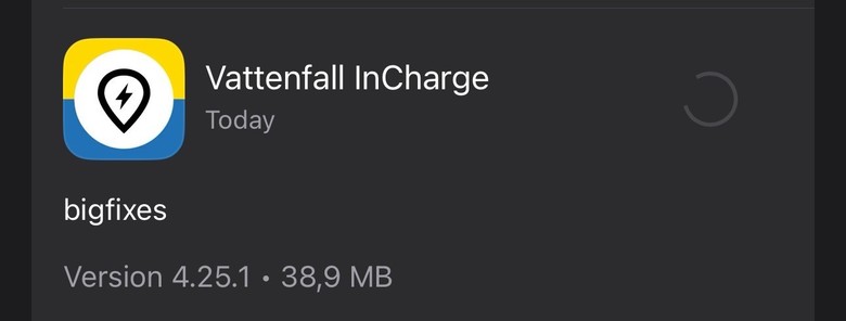 Screenshot of a software update for the Vattenfall InCharge app, indicating today's date, version 4.25.1, 38.9 MB file size, and the note "bigfixes."