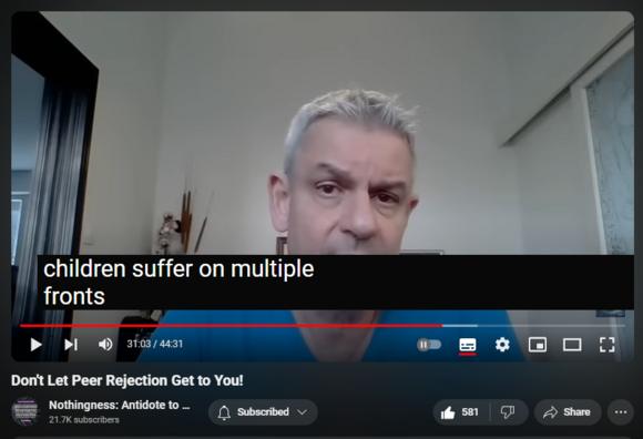 https://www.youtube.com/watch?v=ygD2aohZL3w
Don't Let Peer Rejection Get to You!
7,525 views  22 May 2024  Nothingness and Mental Health
Pathoetiology via peers mainly in adolescence 

Idiosyncrasies (e.g. autism, obesity, gender dysphoria, gifted) lead to peer rejection. 

Stunted separation-individuation leads to peer rejection and life-threatening shame.

Cognitive dissonance resolved: I am rejecting them because I am superior to them. I am a sage, a hero, a victim. 

Peers provide reality testing and scripts. They serve as a modeling reference group. Mutual rejection results in cluelessness, pseudo-stupidity, automatism, and compensatory fantasy (including imaginary peers, for example on social media or VR). 

Splitting defense (peers are all bad, I am perfect)

Fantasy defense

Dissociation

Displaced passive-aggression

In short: covert narcissism 

Conflicting parental messaging and modeling: the world is not safe, we need you, you owe us (conformity) vs. you are abnormal, what is wrong with you, start to act your age and make friends (normalcy). 

This leads to recurrent failure and an impaired sense of self-efficacy.

Narcissists misperceive their intimate partners as maternal figures and rejecting and retraumatizing peers (reenactment, akin to living history). 

This yields age-inappropriate behavior and triggers all the defenses. It helps the narcissist to devalue and separate.