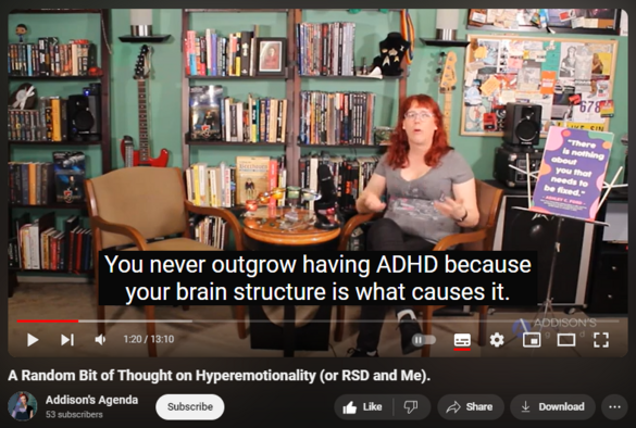 https://www.youtube.com/watch?v=Y0doVM9eSkM
A Random Bit of Thought on Hyperemotionality (or RSD and Me).
11 views  22 May 2024
One of the least understood aspects of being neurodivergent (ADHD or ASD) is Hyperemotionality. In this video, I speak bluntly about the effects hyperemotionality has had on my life and one of its most isolating offspring, Rejection Sensitive Dysphoria. RSD leads some neurodivergent people to perfectionism and others to being a hermit.