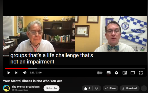 https://www.youtube.com/watch?v=ueoEO1o_S9w
Your Mental Illness is Not Who You Are

77 views  22 May 2024
Welcome to The Mental Breakdown and Psychreg Podcast! Today, Dr. Berney and Dr. Marshall discuss the problem with turning psychiatric labels into our identity.

Read the articles from the New York Times here (https://www.nytimes.com/2024/05/06/he...) and from The New Yorker here (https://www.newyorker.com/magazine/20....