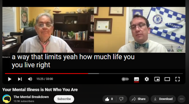 https://www.youtube.com/watch?v=ueoEO1o_S9w
Your Mental Illness is Not Who You Are

77 views  22 May 2024
Welcome to The Mental Breakdown and Psychreg Podcast! Today, Dr. Berney and Dr. Marshall discuss the problem with turning psychiatric labels into our identity.

Read the articles from the New York Times here (https://www.nytimes.com/2024/05/06/he...) and from The New Yorker here (https://www.newyorker.com/magazine/20....