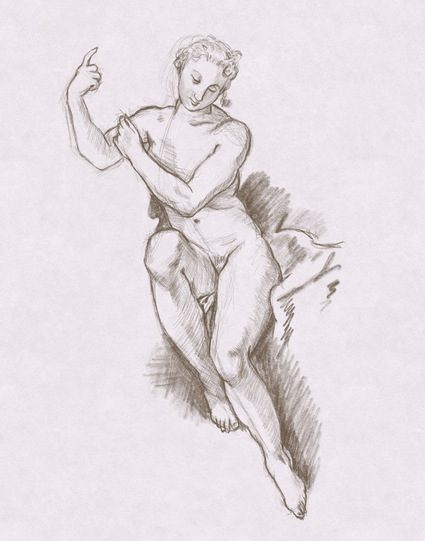 Charcoal copy of woman sitting on a cloth, one knee slightly raised and her arms raised to the right of her head