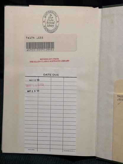 Photo of the back endpaper of my copy of The Design of Design, showing stamps and barcode from The Ellen Clarke Bertrand Library at Bucknell University.