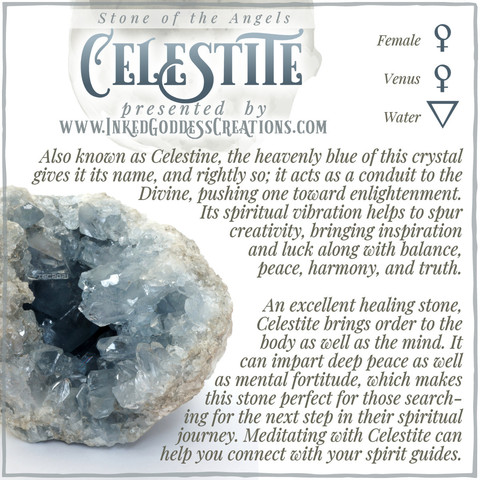 A raw chunk of celestite or celestine sits against a white background. The text explains celestite or celestine's metaphysical correspondences, some trivia about it. and ways to use it in your magickal practice. Presented by Inked Goddess Creations.