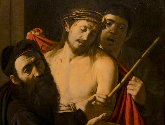 religious painting by Caravaggio, depicting three guys, one of whom is naked and bleeding. Spock is clearly seen behind the naked man, in the process of wrapping a red blanket around the naked man's shoulders.