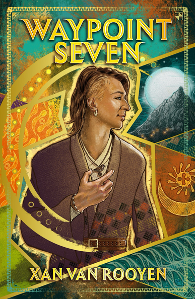 Waypoint Seven book cover. Figure of transgender man side profile on, with wooden bird necklace