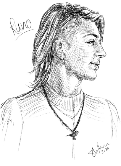 Rough character sketch. Figure of transgender man side profile on, with wooden bird necklace