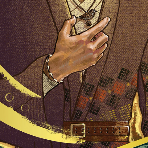Detail of a hand and wooden bird necklace and patterned coat