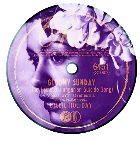 Design incorporating portrait of Billie Holiday and a record label for Gloomy Sunday