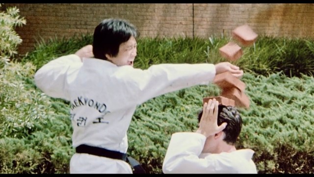 Two people in martial arts uniforms; one is breaking bricks over the head of the other in an outdoor setting.