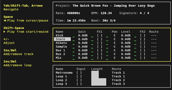 A screenshot of a terminal user interface. There's a command bar to the left and three windows with different content to the right: transport, mixer, and looper.