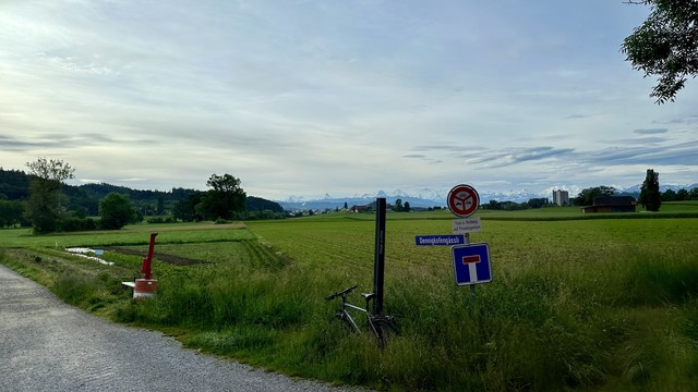 Kiesweg mit Strassenschildern. Dahinter saftig grüne Wiesen und in der Ferne die Berner Alpen. Das ganze unter einem blassen Morgenhimmel in grau, mit ein paar Schimmern blau.