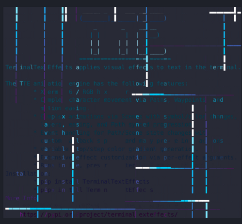 A screen of monospace text in a terminal but it's being assembled by interlocking beams of bright light.