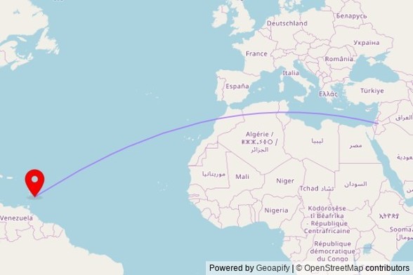 A map showing the great circle route from Al Rajib in Jordan to a map pin at Hopewell Wesleyan Holiness Church, Pelican Close, Hopewell, Barbados