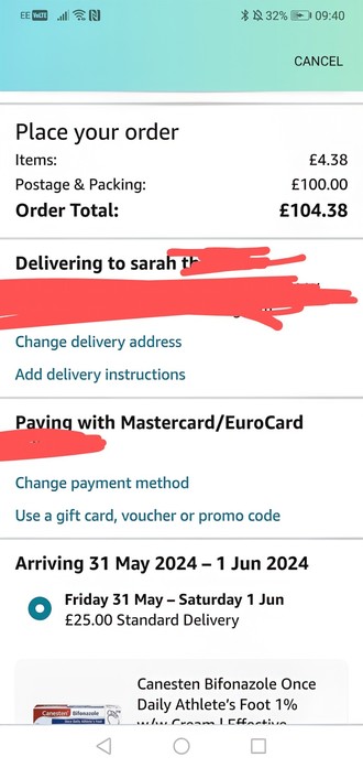 an Amazon order for about £5 of item with £100 shipping