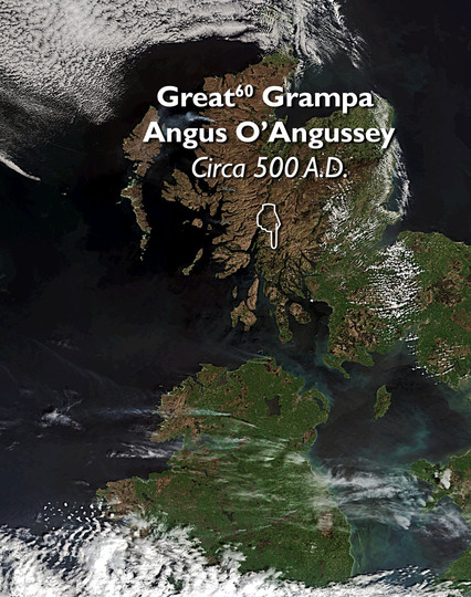 Satellite view of Scotland and Northern Ireland, with text superimposed that reads "Great^60 Grampa Angus O’Angussey Circa 500 A.D." and a hand pointing to Argyll, in roughly the center of the map.