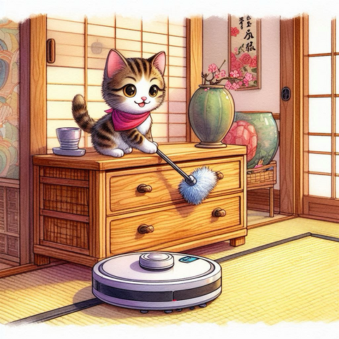 子猫はタンスの上からチリ払いを使って埃を床に落とした。そして畳の上で動くロボット掃除機は、床に落ちた埃をゆっくり丁寧に水拭きして拭き取りピカピカにしている。