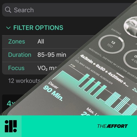 Split view of a screenshot for filter options on the left  and a selected workout on the right hand side.