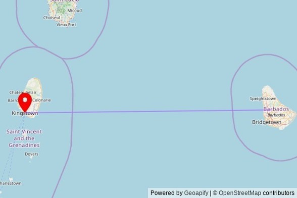A map showing the great circle route from Hopewell in Barbados to a map pin at Assumption Cathedral, North River Road, Kingstown, Saint Vincent and the Grenadines