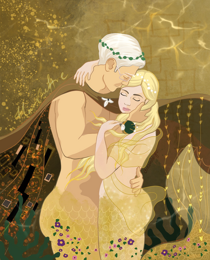 Gustav Klimt inspired piece with mermaid Gabriel embracing Emelie 