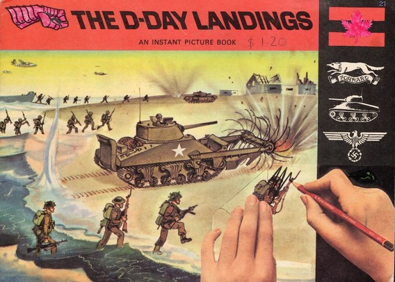 Cover of "The D-Day Landings: An Instant Picture Book" featuring a WWII beach landing scene with soldiers, tanks, and explosions, price marked at $1.20. A hand is seen drawing on the lower right corner. 