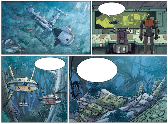Auszug aus dem neuen Captain-Future-Manga, zu sehen sind die COMET, Grag und Simon sowie Ruinen im Dschungel...