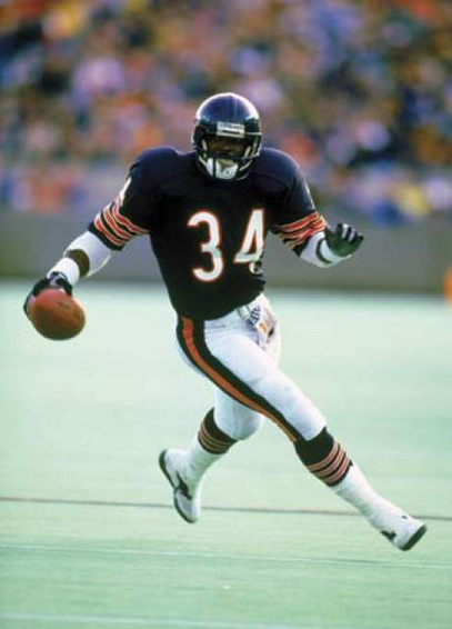 Image of Chicago Bears football running back Walter Payton in home uniform running with the football. His jersey number is 34, which is the number of felony counts Donald Trump has been found guilty of. 