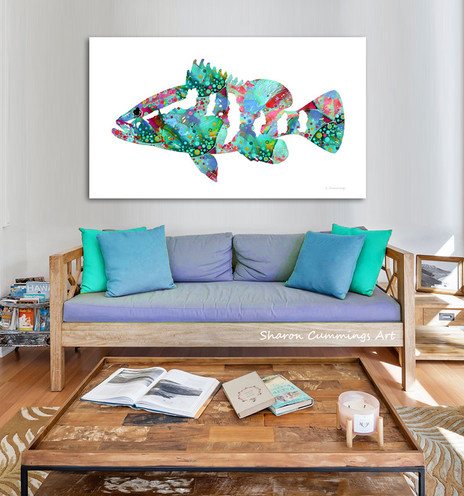 Colorful grouper fish in aqua, blue, green, coral and pink by artist and poet Sharon Cummings.  Haiku in post.
