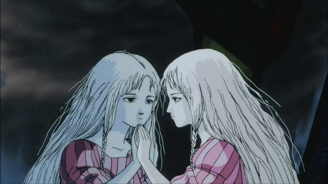 Screenshot from Angel's Egg that depicts a pale blonde girl in a pink blouse holding a hand up to her reflection.