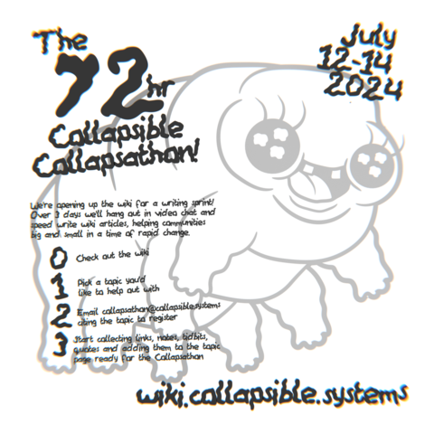 Flyer announcing the Collapsible Wiki 72hr Collapsathon, July 12-14, 2024. 

Visit the wiki at https://wiki.collapsible.systems, pick a topic, and send an email to collapsathon@collapsible.systems to register.

Flyer made in Blender by the very talented Eltons Kūns (https://theycallmeelton.online/)