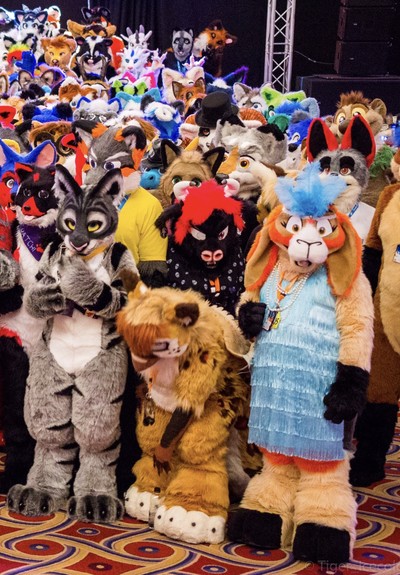 A large gathering of fursuits in a hotel ballroom. At the front of the crowd is an orange & cream goat in a blue flapper costume, a brown gryphon reaching down for a bottle of water, and a feminine tabby cat with large yellow eyes.