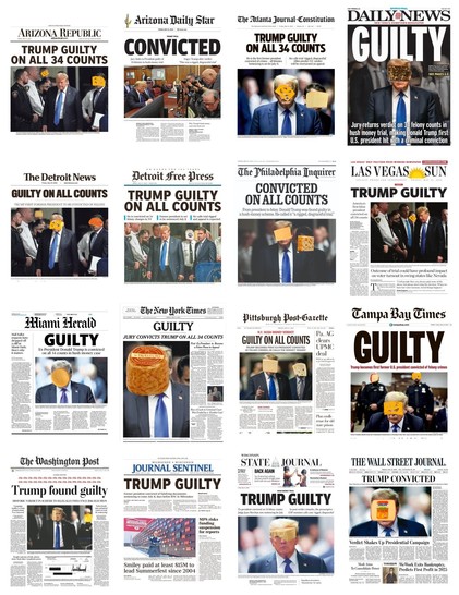 a collection of newspaper front pages, with faces all cheesed