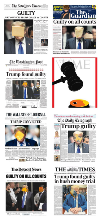 another collection of newspaper front pages, with faces all cheesed