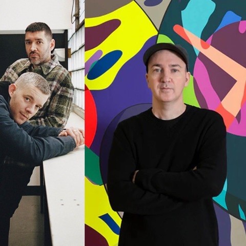 On the left image of  Russell Tovey  &  Robert Diament. On the right image of Brian Donnelly  aka KAWS with a painting behind.