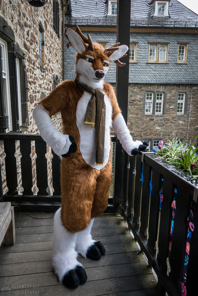 Wilhelm von Altenkron, a red deer fursuit, standing on the second floor balcony in the courtyard of the Freusburg. He's wearing a scarf.