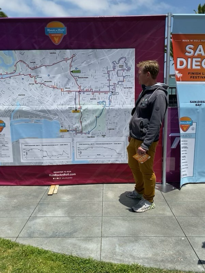 Me looking at a giant map of a very long 26.2 route