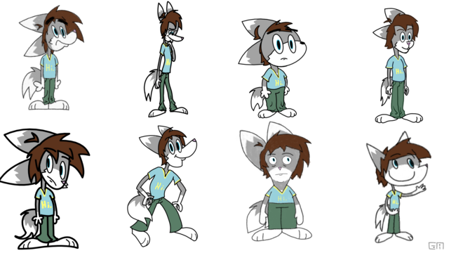 A grey wolf dude with a brown hairdo drawn in 8 different styles
