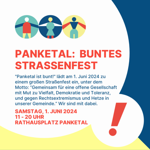 Panketal:  Buntes Strassenfest

"Panketal ist bunt!" lädt am 1. Juni 2024 zu einem großen Straßenfest ein, unter dem Motto: “Gemeinsam für eine offene Gesellschaft mit Mut zu Vielfalt, Demokratie und Toleranz, und gegen Rechtsextremismus und Hetze in unserer Gemeinde.” Wir sind mit dabei. 

Samstag, 1. Juni 2024 
11 - 20 Uhr
Rathausplatz Panketal